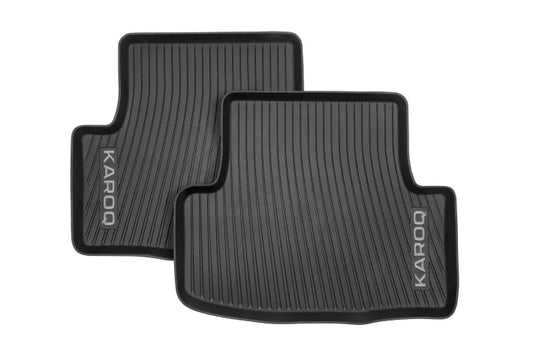 Covorase all-weather spate Skoda Karoq, set de 2 bucati, TPE rezistent, protectie impotriva murdariei si umezelii, inscriptie Karoq, compatibile cu modelele din 2018.