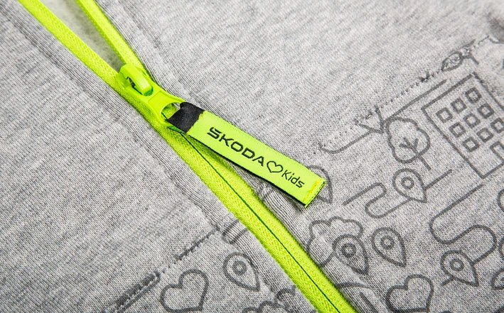 Hanorac cu Fermoar pentru Copii Skoda, Gri Melanj cu Elemente Verde Mamba - Skoda Shop