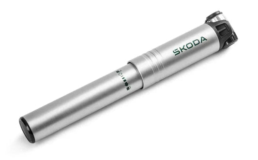 Pompa bicicleta din aluminiu Skoda, 120 PSI, argintiu cu logo verde smarald - Skoda Shop